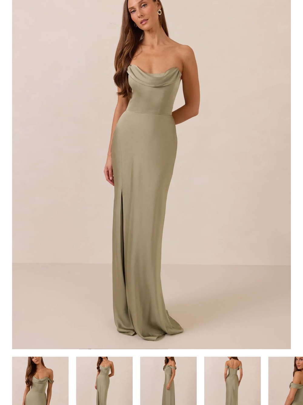 Park & Fifth Sage Green Off-Shoulder Satin Maxi Dress